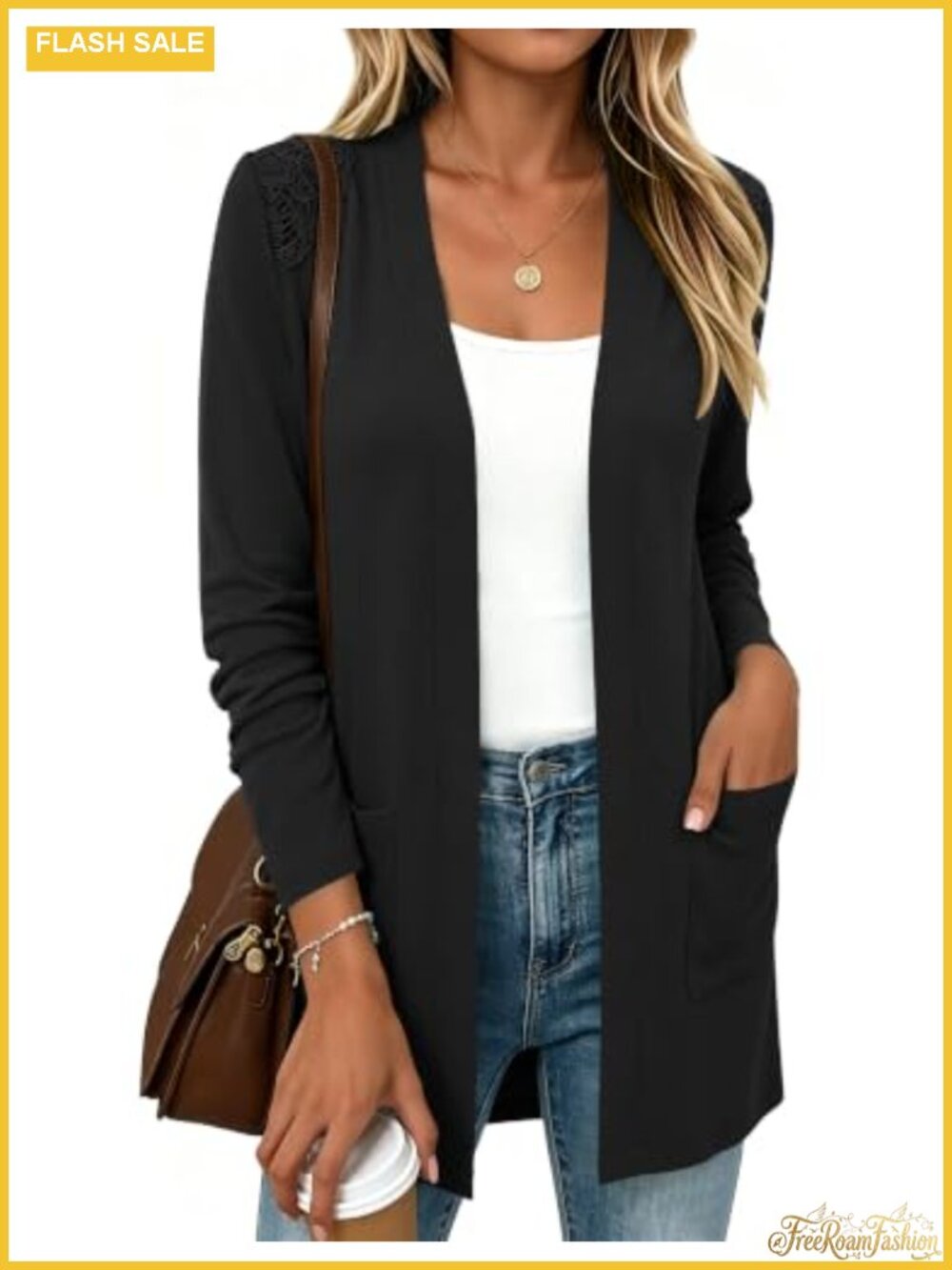 Rapbin Women's Lightweight Lace Shoulder Open Front Cardigan Long Sleeve